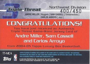2004-05 Topps Luxury Box - Triple Threat Relics #TT-MCA Andre Miller / Sam Cassell / Carlos Arroyo Back