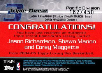 2004-05 Topps Luxury Box - Triple Threat Relics #TT-RMM Jason Richardson / Shawn Marion / Corey Maggette Back