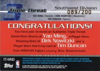 2004-05 Topps Luxury Box - Triple Threat Relics 200 #TT-MND Yao Ming / Dirk Nowitzki / Tim Duncan Back