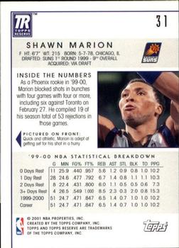 2000-01 Topps Reserve #31 Shawn Marion Back