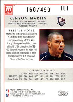 2000-01 Topps Reserve #101 Kenyon Martin Back