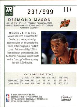 2000-01 Topps Reserve #117 Desmond Mason Back