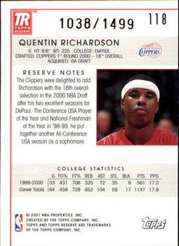 2000-01 Topps Reserve #118 Quentin Richardson Back
