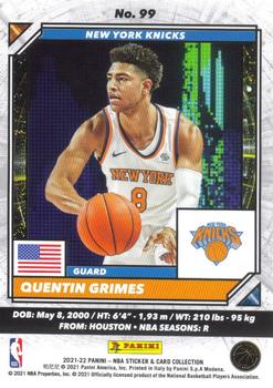2021-22 Panini NBA Sticker & Card Collection - Cards #99 Quentin Grimes Back