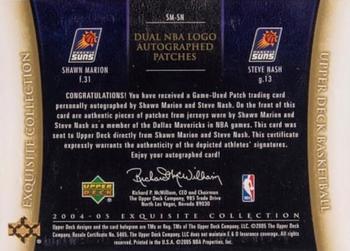 2004-05 Upper Deck Exquisite Collection - Dual NBA Logo Autographed Patches #SM-SN Shawn Marion / Steve Nash Back