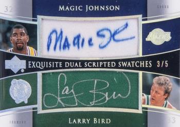 2004-05 Upper Deck Exquisite Collection - Dual Scripted Swatches #SS2-ML Magic Johnson / Larry Bird Front