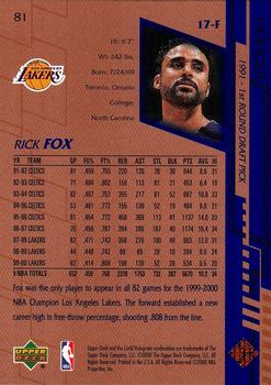 2000-01 Upper Deck #81 Rick Fox Back