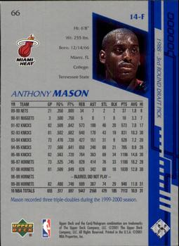 2000-01 Upper Deck Encore #66 Anthony Mason Back