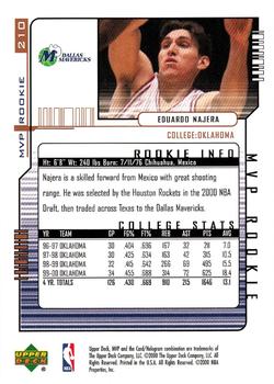 2000-01 Upper Deck MVP #210 Eduardo Najera Back