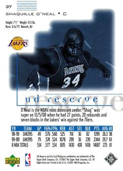 2000-01 UD Reserve #37 Shaquille O'Neal Back