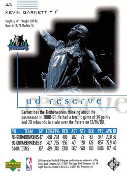 2000-01 UD Reserve #48 Kevin Garnett Back