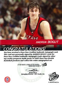 2005 Press Pass - Autographs Bronze School Logos #NNO Andrew Bogut Back