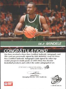 2005 Press Pass - Autographs Bronze School Logos #NNO Deji Akindele Back
