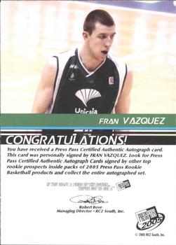 2005 Press Pass - Autographs Bronze School Logos #NNO Fran Vazquez Back