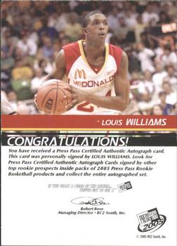 2005 Press Pass - Autographs Bronze School Logos #NNO Louis Williams Back