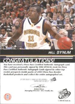 2005 Press Pass - Autographs Bronze School Logos #NNO Will Bynum Back