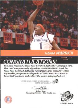 2005 Press Pass - Autographs Gold Half Court #NNO Hakim Warrick Back