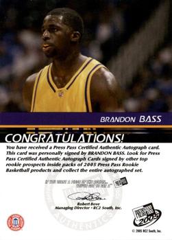 2005 Press Pass - Autographs Silver Jersey Numbers #NNO Brandon Bass Back