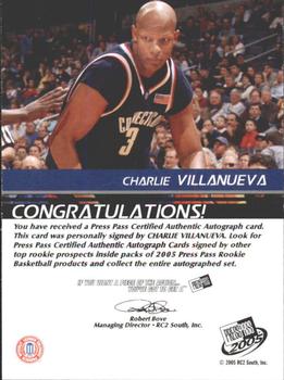 2005 Press Pass - Autographs Silver Jersey Numbers #NNO Charlie Villanueva Back