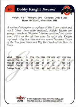 2001 Fleer Greats of the Game #10 Bobby Knight Back
