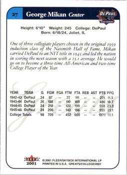2001 Fleer Greats of the Game #27 George Mikan Back