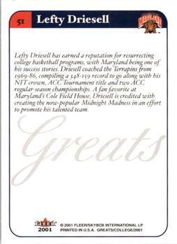 2001 Fleer Greats of the Game #51 Lefty Driesell Back