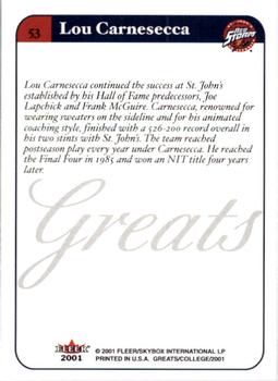 2001 Fleer Greats of the Game #53 Lou Carnesecca Back