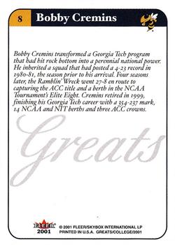 2001 Fleer Greats of the Game #8 Bobby Cremins Back