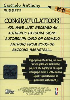 2005-06 Bazooka - Signs #BS-CA Carmelo Anthony Back