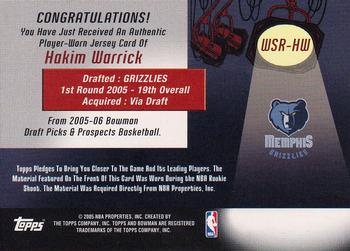 2005-06 Bowman - Welcome to the Show Relics #WSR-HW Hakim Warrick Back