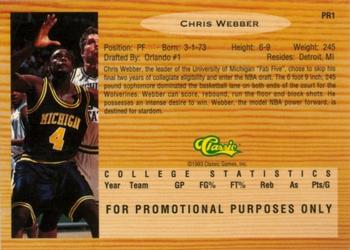 1993 Classic Draft Picks - Autographed Promos #PR1 Chris Webber Back
