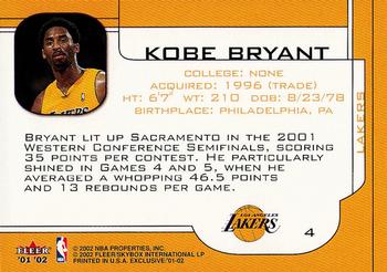 2001-02 Fleer Exclusive #4 Kobe Bryant Back