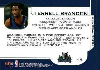 2001-02 Fleer Exclusive #44 Terrell Brandon Back
