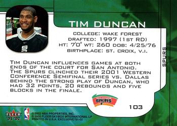 2001-02 Fleer Exclusive #103 Tim Duncan Back