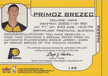 2001-02 Fleer Exclusive #149 Primoz Brezec Back