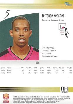 2003 City-Press BBL Playercards #35 Terrence Rencher Back