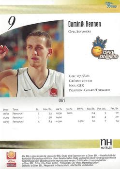 2003 City-Press BBL Playercards #61 Dominik Hennen Back