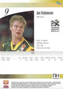 2003 City-Press BBL Playercards #157 Jon Stefansson Back