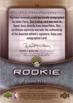 2005-06 SP Authentic - Limited Rookie Autographs #129 Johan Petro Back