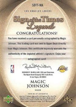 2005-06 SP Authentic - Sign of the Times Legends #SOTT-MA Magic Johnson Back