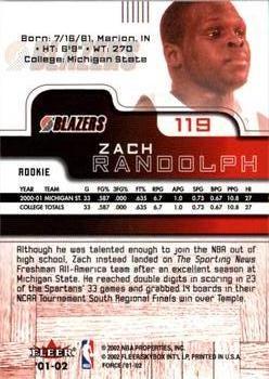 2001-02 Fleer Force #119 Zach Randolph Back