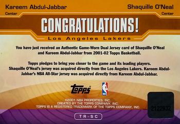 2001-02 Topps - Showtime Coverage #TR-SC Shaquille O'Neal / Kareem Abdul-Jabbar Back