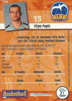 2002 City-Press Powerplay BBL Playercards #13 Stipo Papic Back