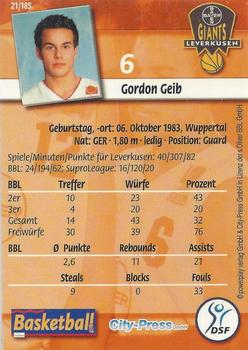 2002 City-Press Powerplay BBL Playercards #21 Gordon Geib Back