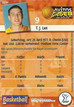 2002 City-Press Powerplay BBL Playercards #53 T.J. Lux Back