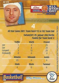 2002 City-Press Powerplay BBL Playercards - Allstars #AS1 Sasa Obradovic Back