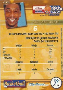2002 City-Press Powerplay BBL Playercards - Allstars #AS3 Clint-Cotis Harrison Back