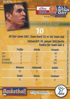 2002 City-Press Powerplay BBL Playercards - Allstars #AS16 Chris Ensminger Back