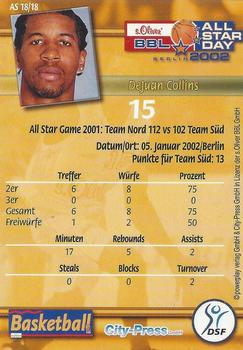 2002 City-Press Powerplay BBL Playercards - Allstars #AS18 DeJuan Collins Back
