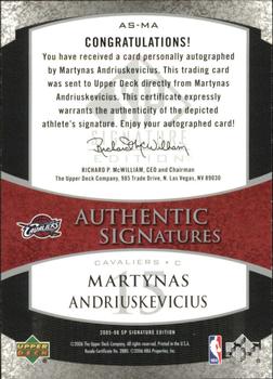 2005-06 SP Signature Edition - Signatures #AS-MA Martynas Andriuskevicius Back